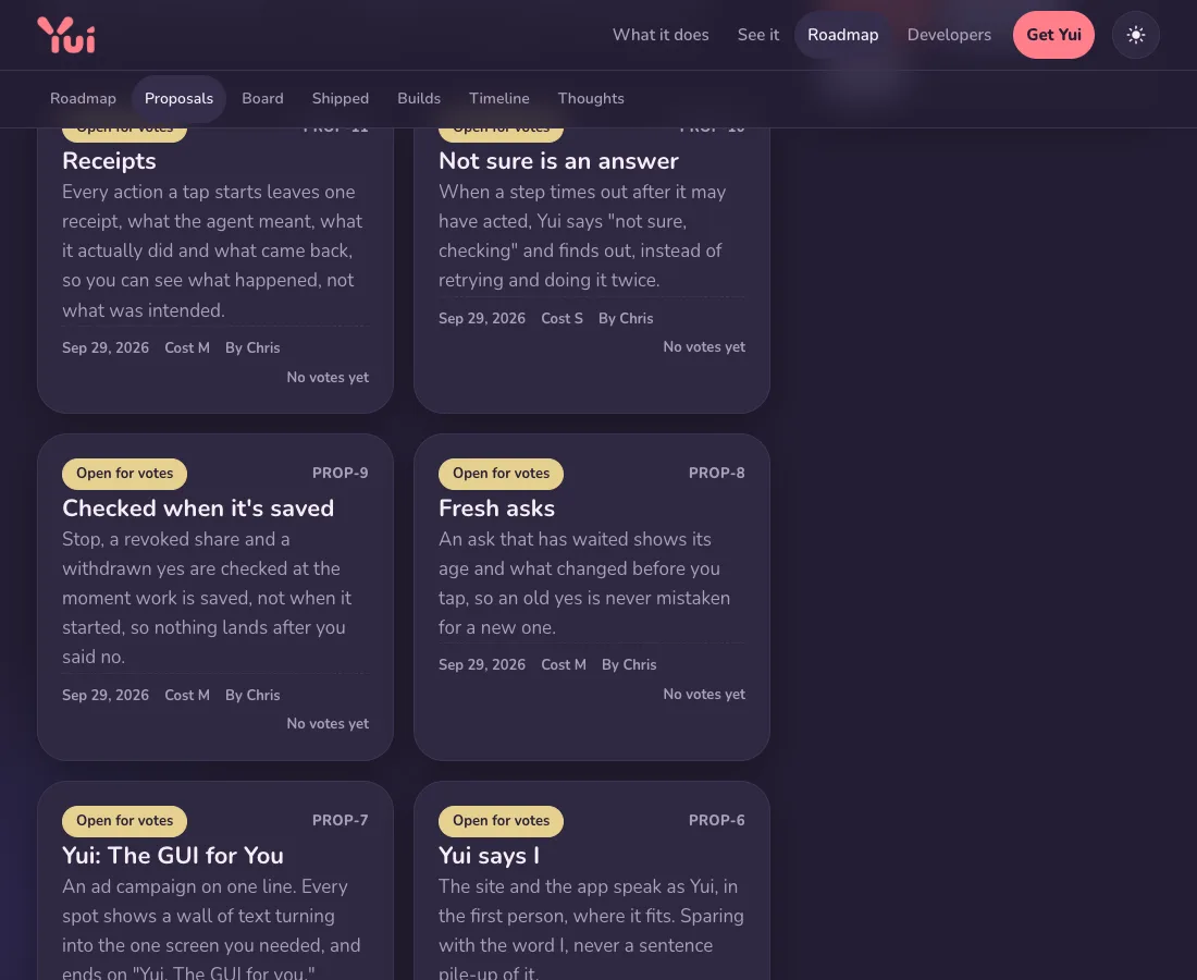 The proposals index in dark mode