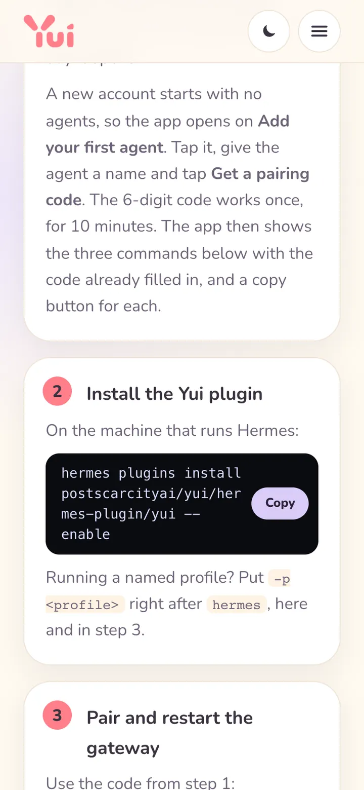 The Get started page on a phone: step 2 shows the whole plugin install command, wrapped, with a Copy button