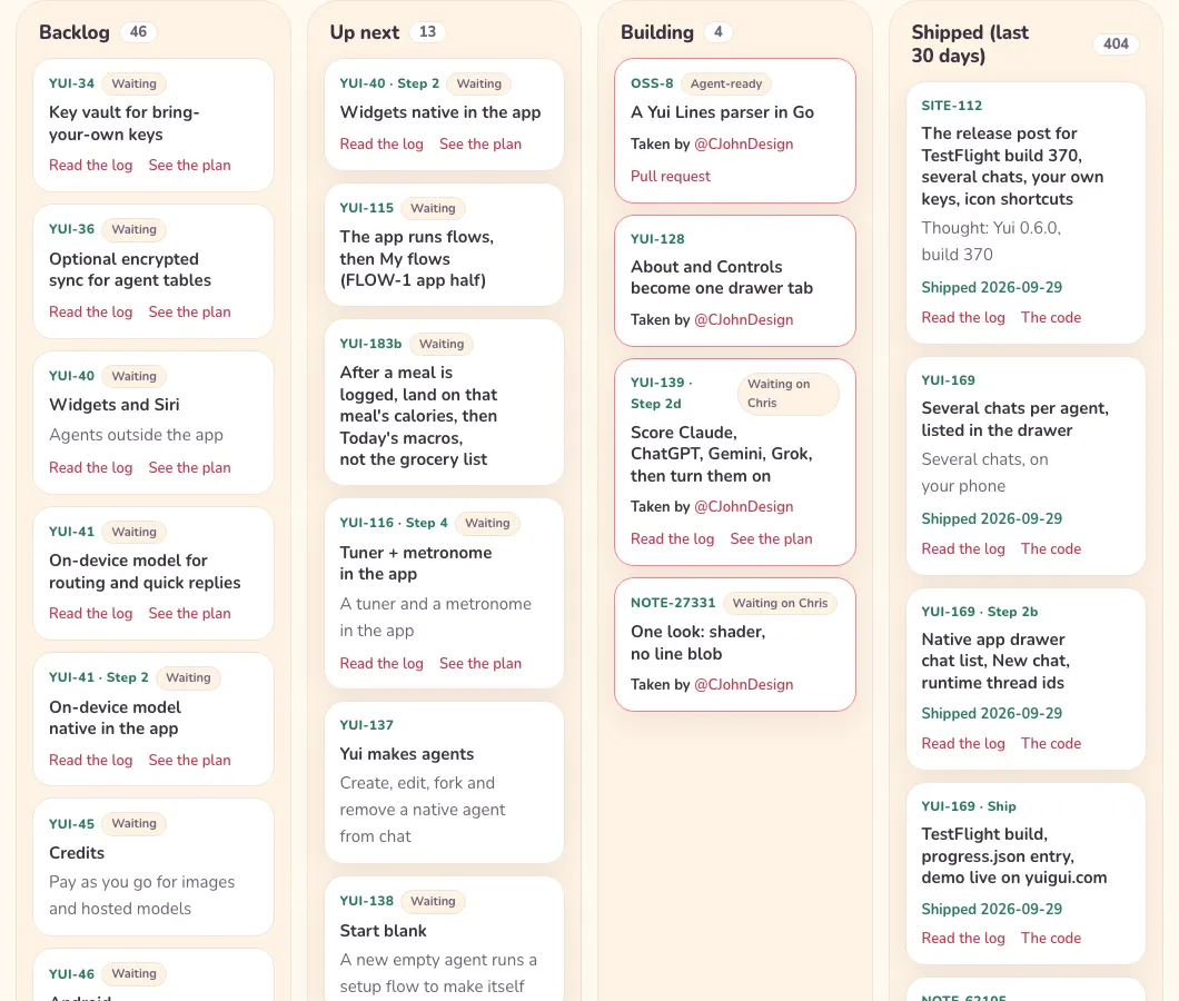 The board after: Up next holds 13 cards and Shipped (last 30 days) counts 404, with the newest shipped tiles linking their log and code.