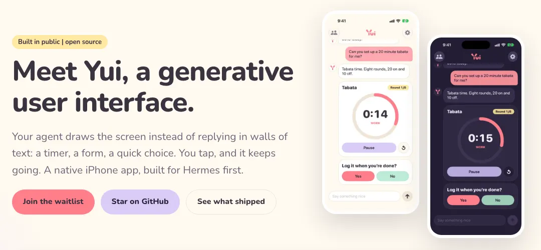 The yuigui.com home page hero: the headline Meet Yui, a generative user interface, a short line about agents drawing timers, forms and choices, and two phone screenshots of a tabata timer in chat, light and dark