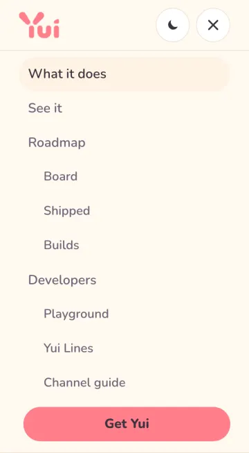 The menu open on a phone: the five items, with each section's pages indented under it