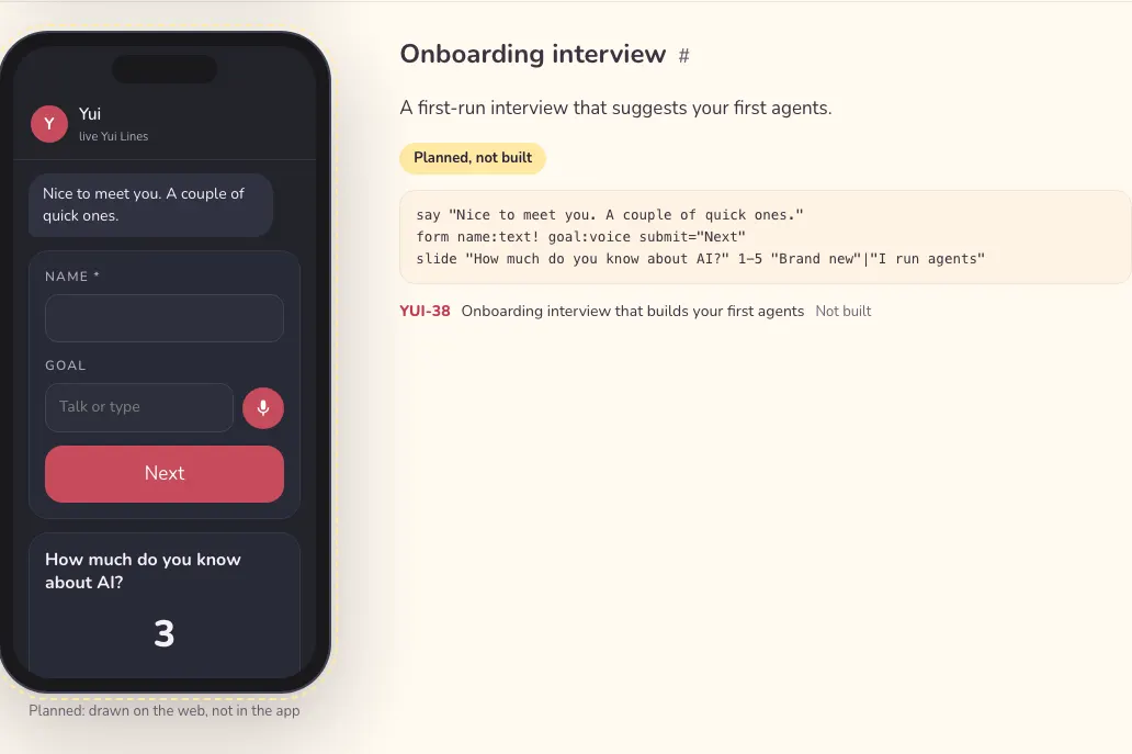 A planned entry: the onboarding interview drawn on the web with a dashed outline and a yellow Planned, not built label, linked to card YUI-38