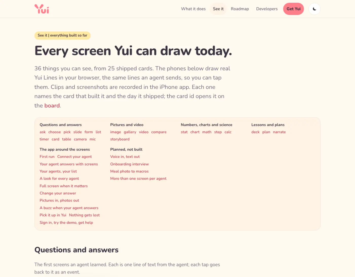 The See it page on a laptop: the headline Every screen Yui can draw today, and an index of all 36 screens grouped as questions and answers, pictures and video, numbers and science, lessons and plans, the app, and planned