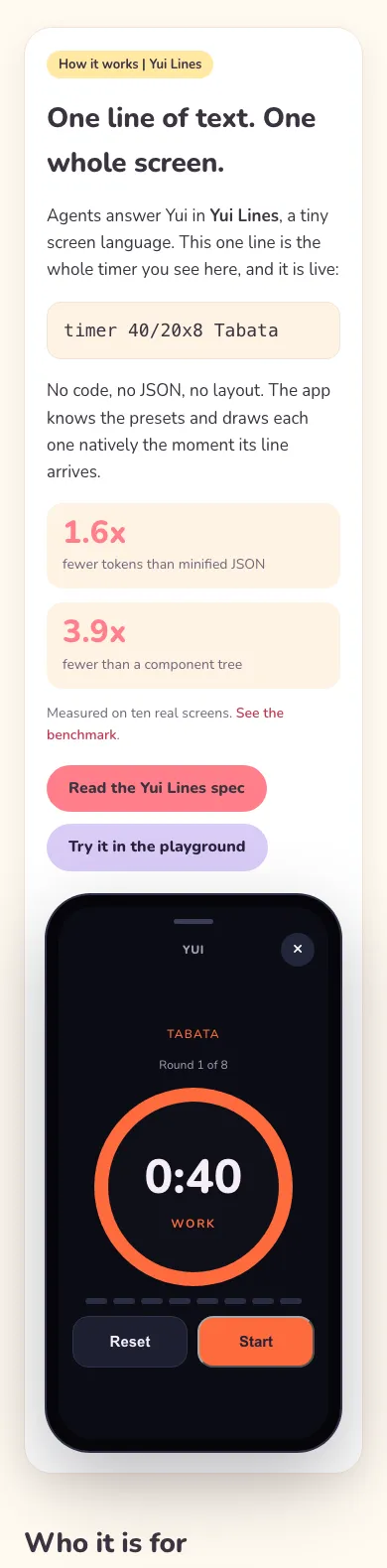 The How it works band on a phone: the line, the two stats and the buttons stacked above the live timer.
