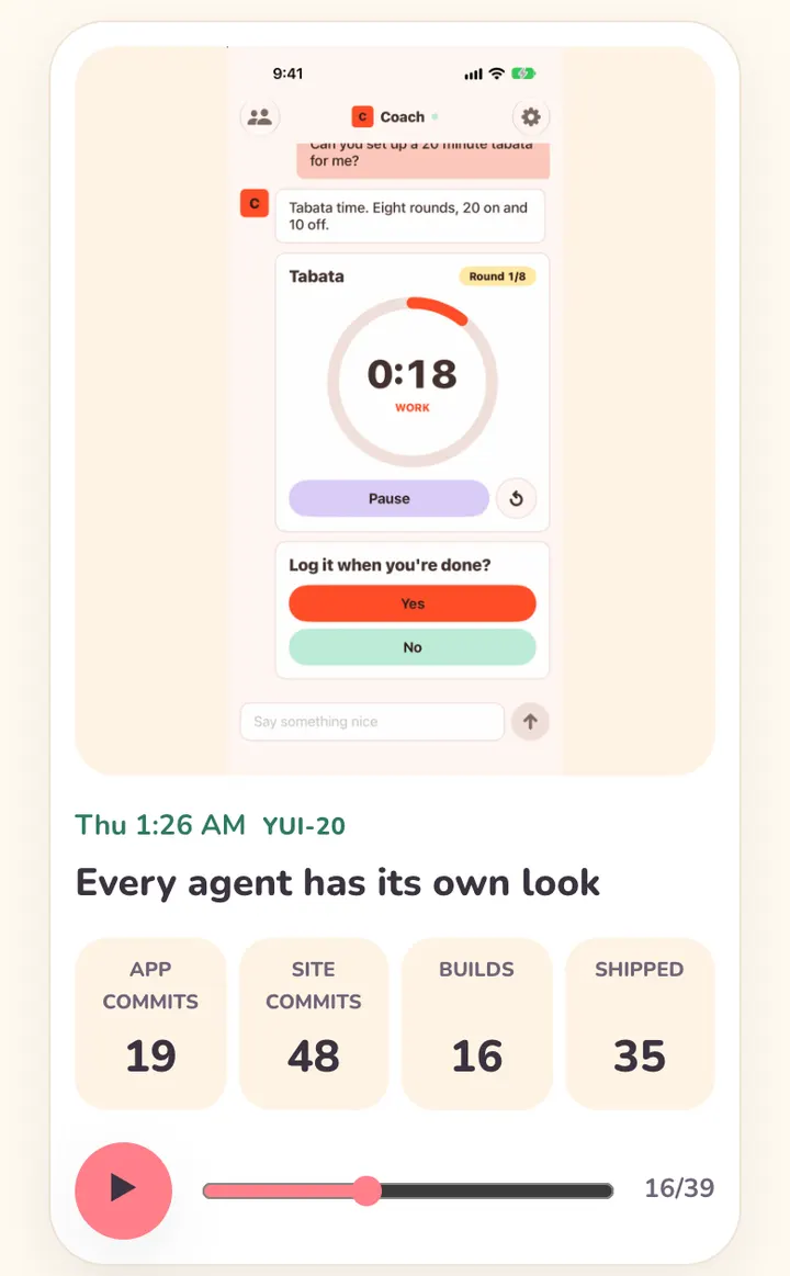 The same player on a phone: the screenshot on top, then Every agent has its own look, four small counters in a row, and the play button with the slider.