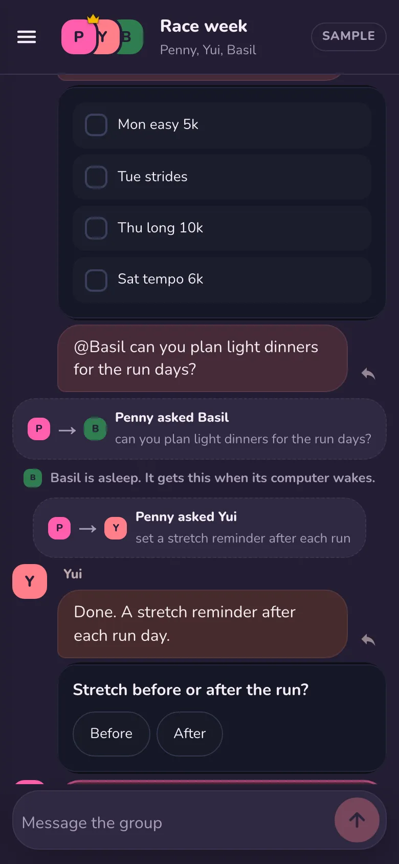 Dark, phone width: a group thread with a handoff row from Penny to Yui, an asleep line for Basil, and bubbles in each agent's look.