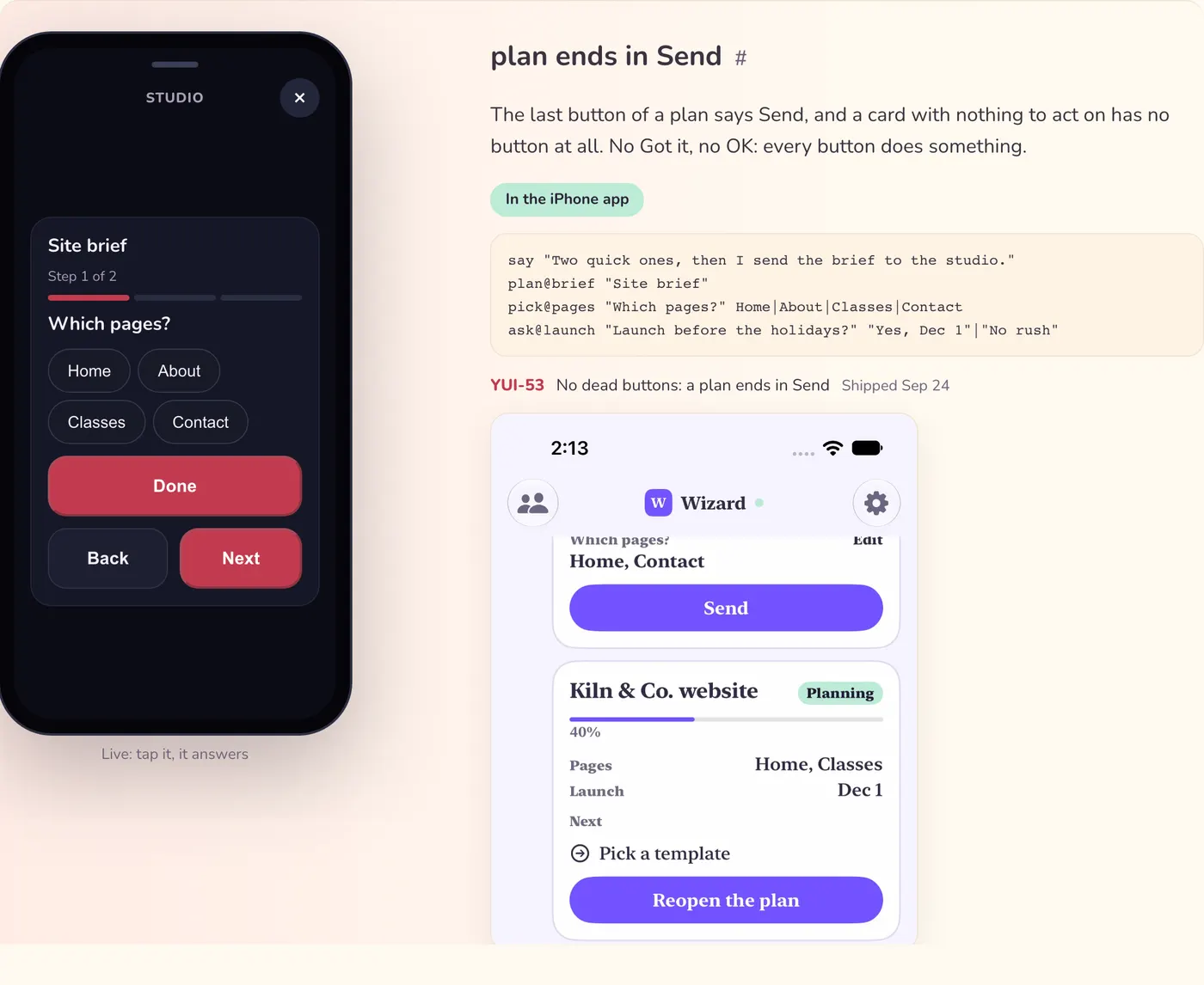 The See it page entry plan ends in Send: a live phone asking Which pages? with four choices, the Yui Lines that draw it, the card YUI-53, and an app screenshot whose last button says Send.