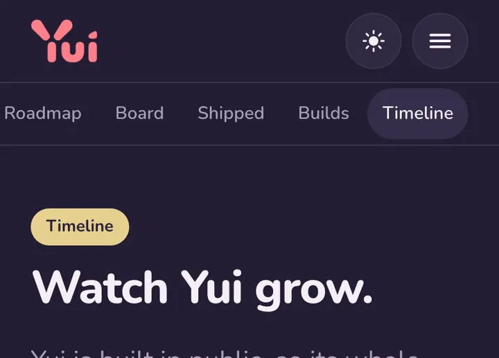 The Timeline page on a phone in dark mode. The row of pages under the menu, Roadmap, Board, Shipped, Builds and Timeline, is scrolled so the highlighted Timeline tab sits fully in view.