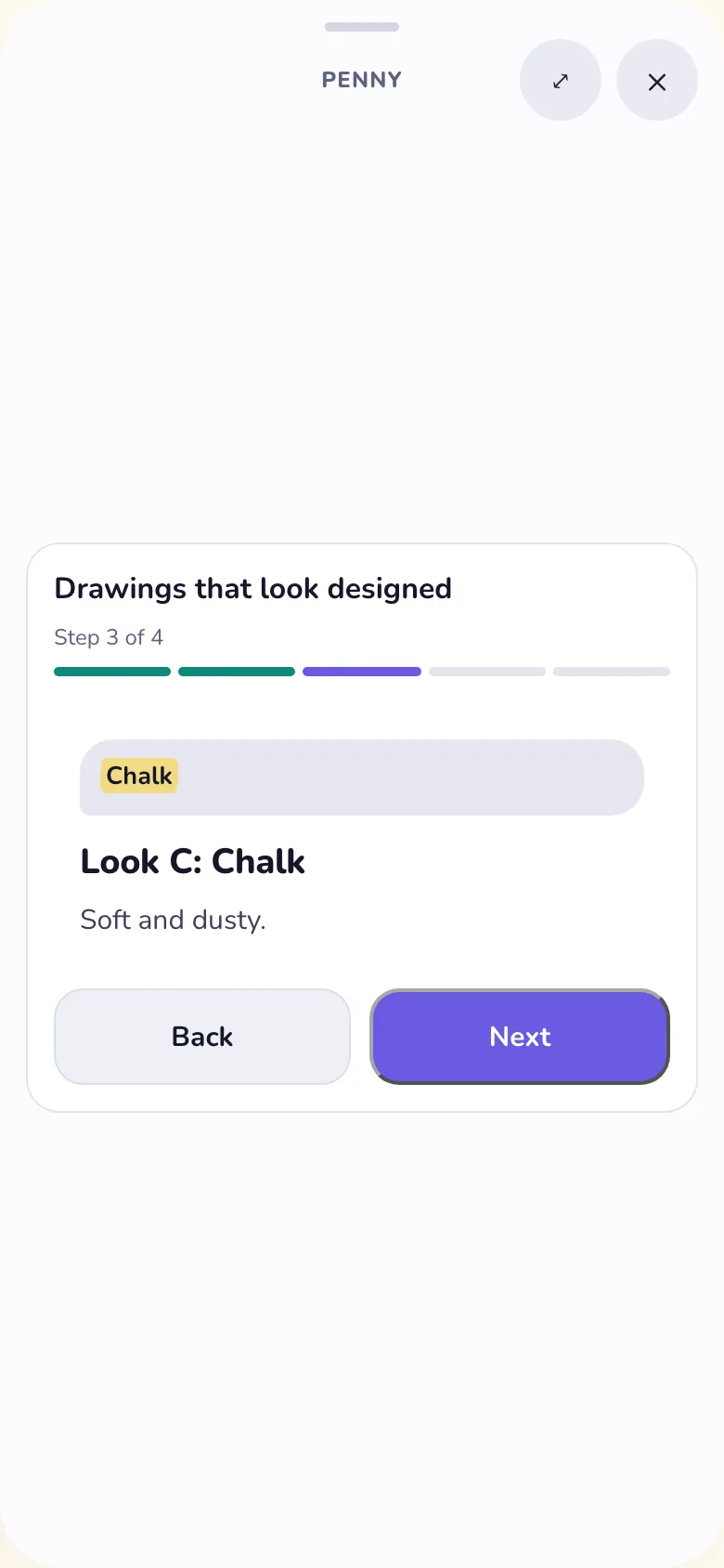 Light, phone width: the last look, Chalk, on a screen with a Next button and no question