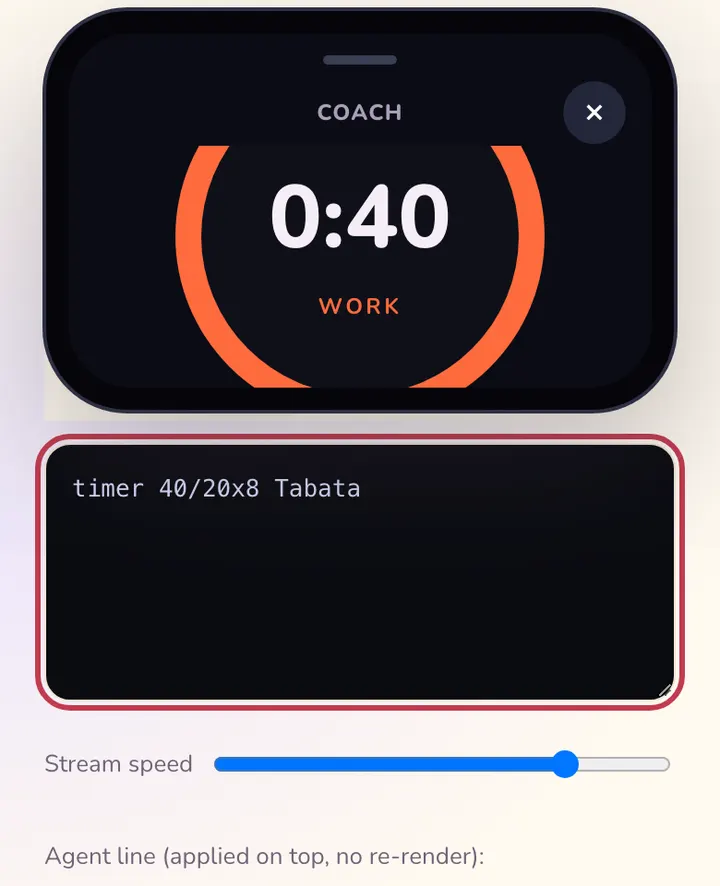 The playground on a phone while typing: the phone with a Tabata timer pinned above the code editor.