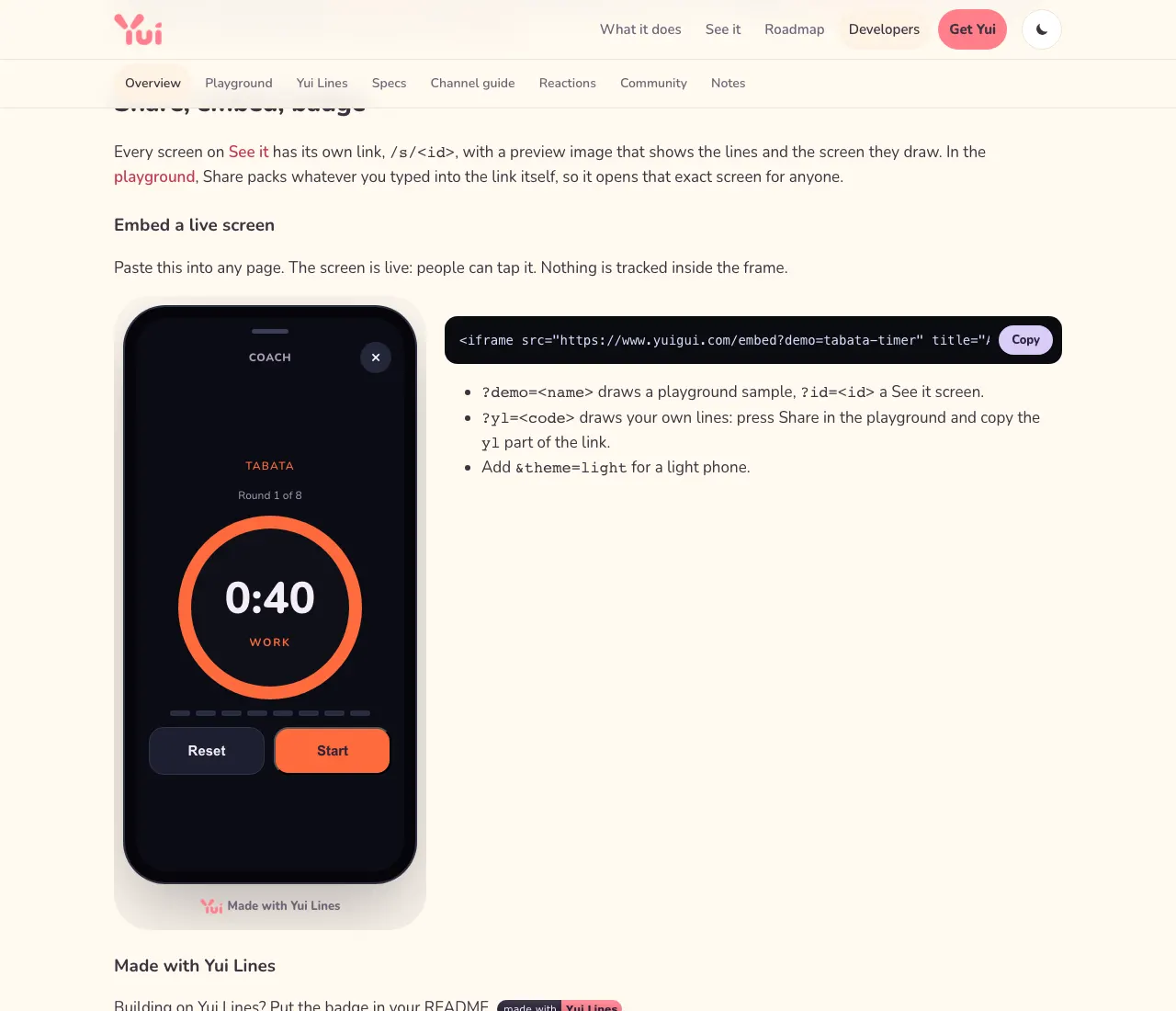 The Share, embed, badge section on the Developers page: a live Tabata timer in an iframe with a Made with Yui Lines link under it, and next to it the iframe snippet with a Copy button and the three ways to choose a screen.