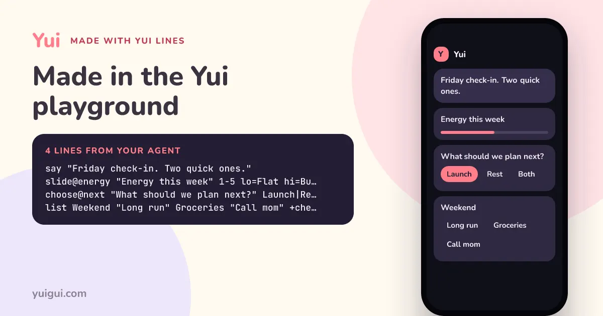 The preview card for a playground share link: four lines of Yui Lines on the left, and a simple drawing of the screen they make on the right, a note, an energy slider, a three-way choice and a weekend checklist.