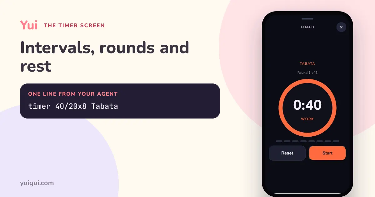 A link preview card: the Yui wordmark, the headline Intervals, rounds and rest, the one line timer 40/20x8 Tabata on a dark panel, and beside it a phone showing the Tabata timer at 0:40 with Reset and Start buttons.