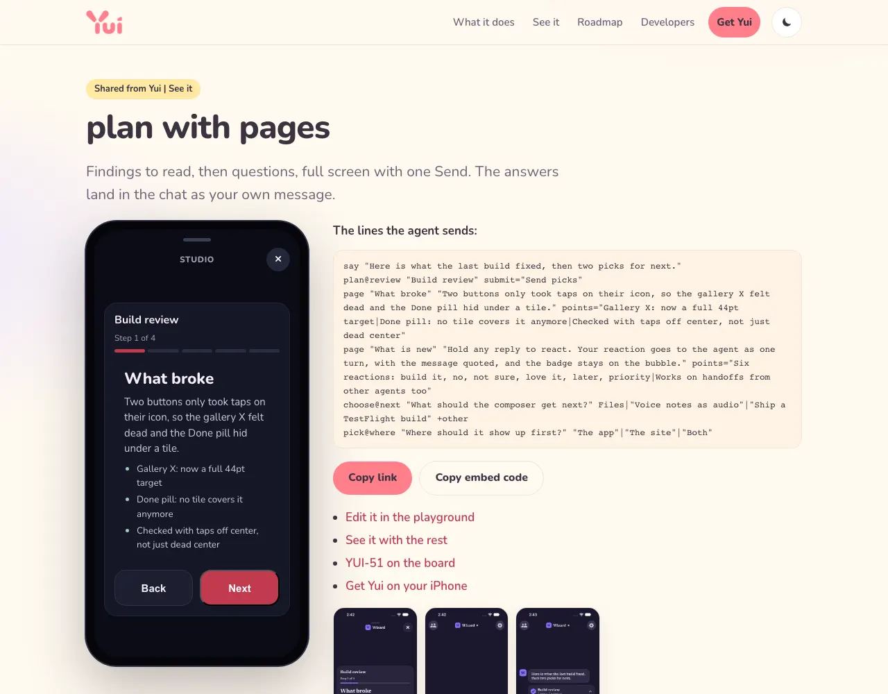 A share page for a plan with pages: the title and a one-line description, a live phone showing the Build review plan at step 1 of 4, and beside it the six Yui Lines that draw it with Copy link and Copy embed code buttons.