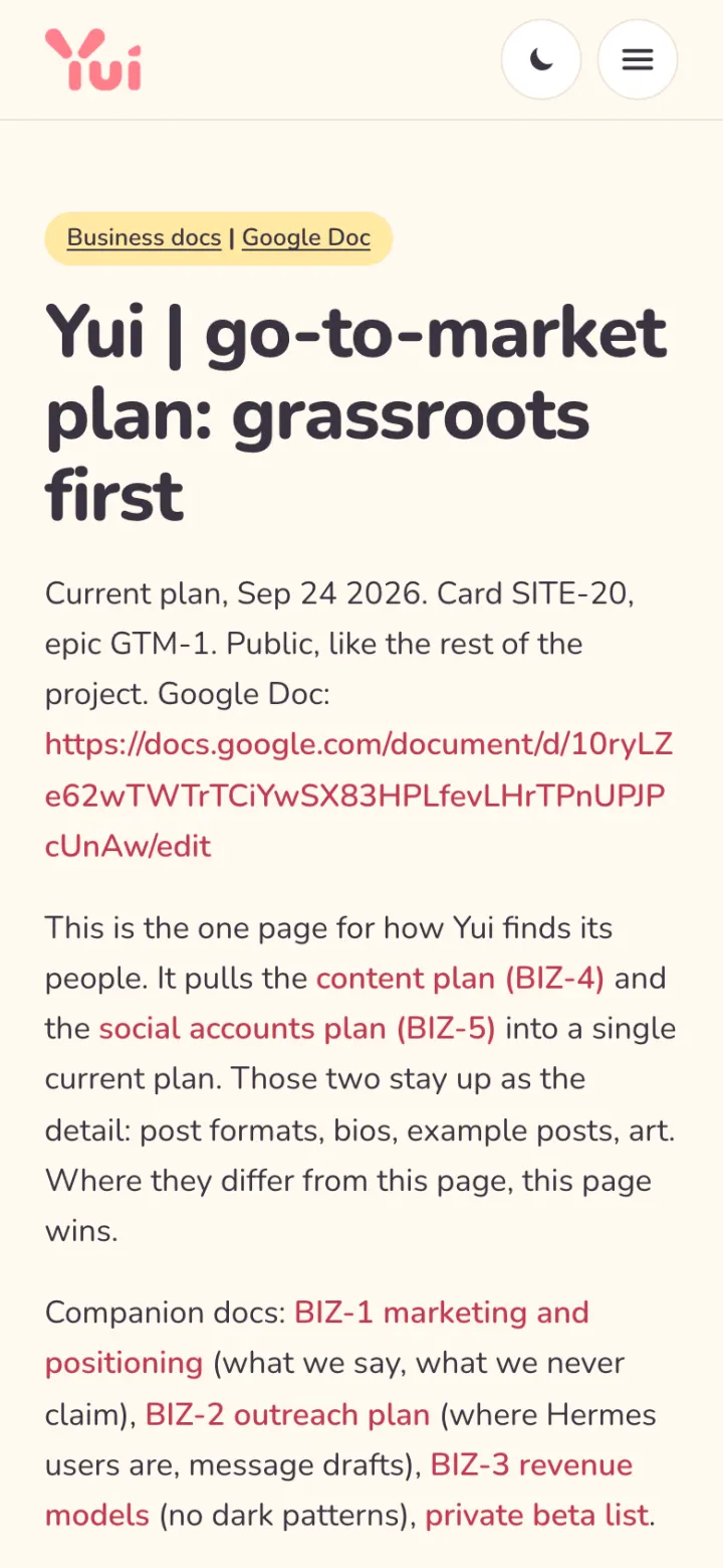 The top of the go-to-market plan on a phone: the title, the Google Doc link and the links to the older content and social plans.