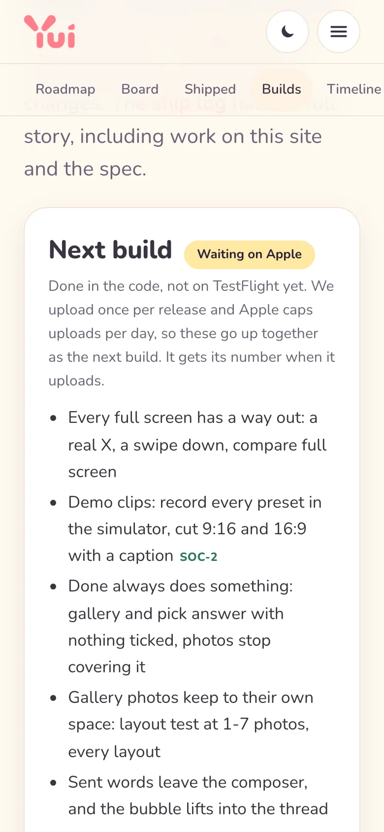 The Builds page on a phone: Next build with a Waiting on Apple label and a note on why it is not on TestFlight yet.