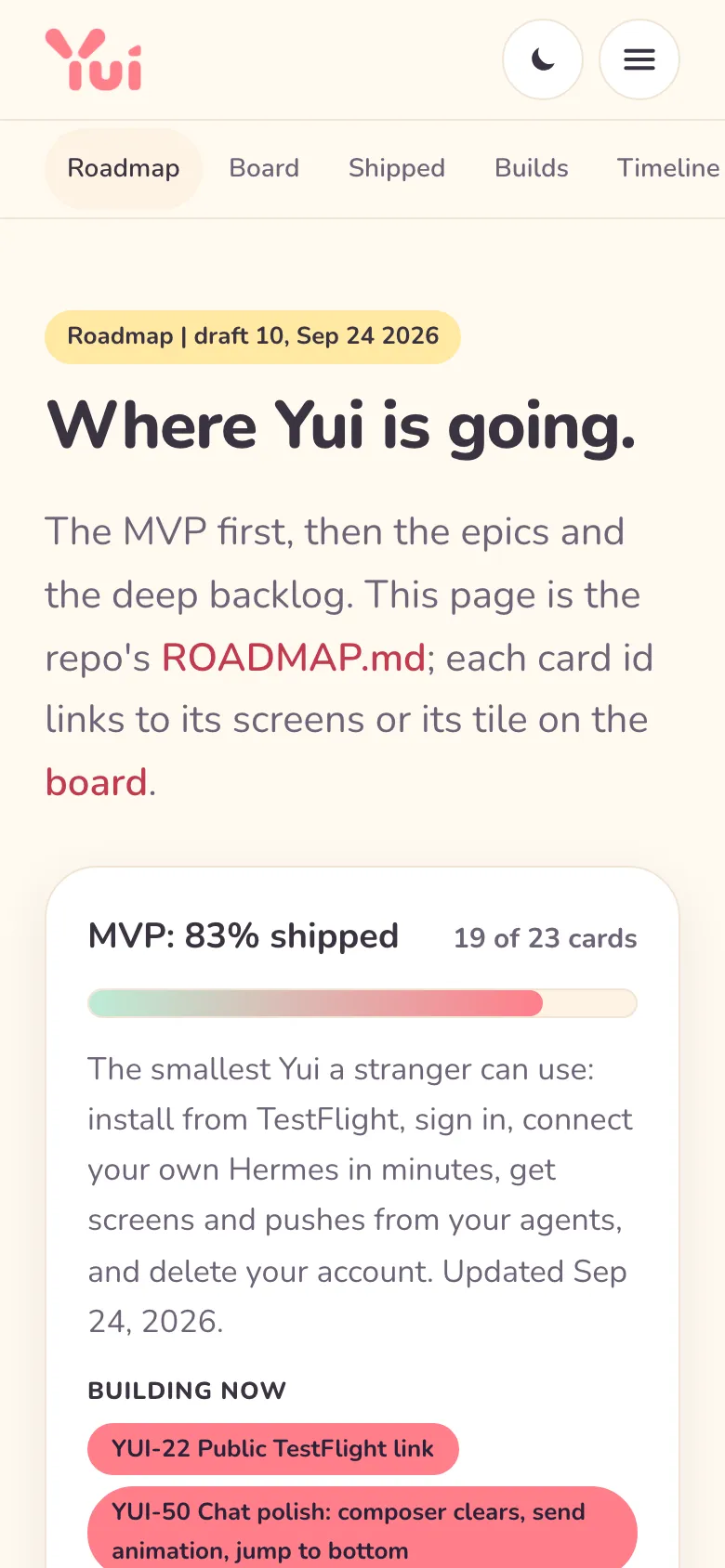 The Roadmap page on a phone: the draft 10 eyebrow, the headline Where Yui is going, and the MVP bar at 19 of 23 cards.