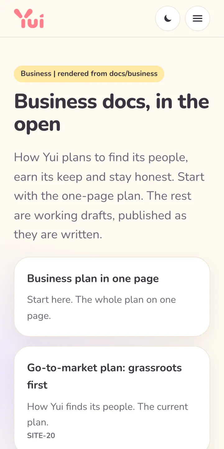 The Business page on a phone: the plan, the go-to-market plan and the beta list first, each card with a one-line description