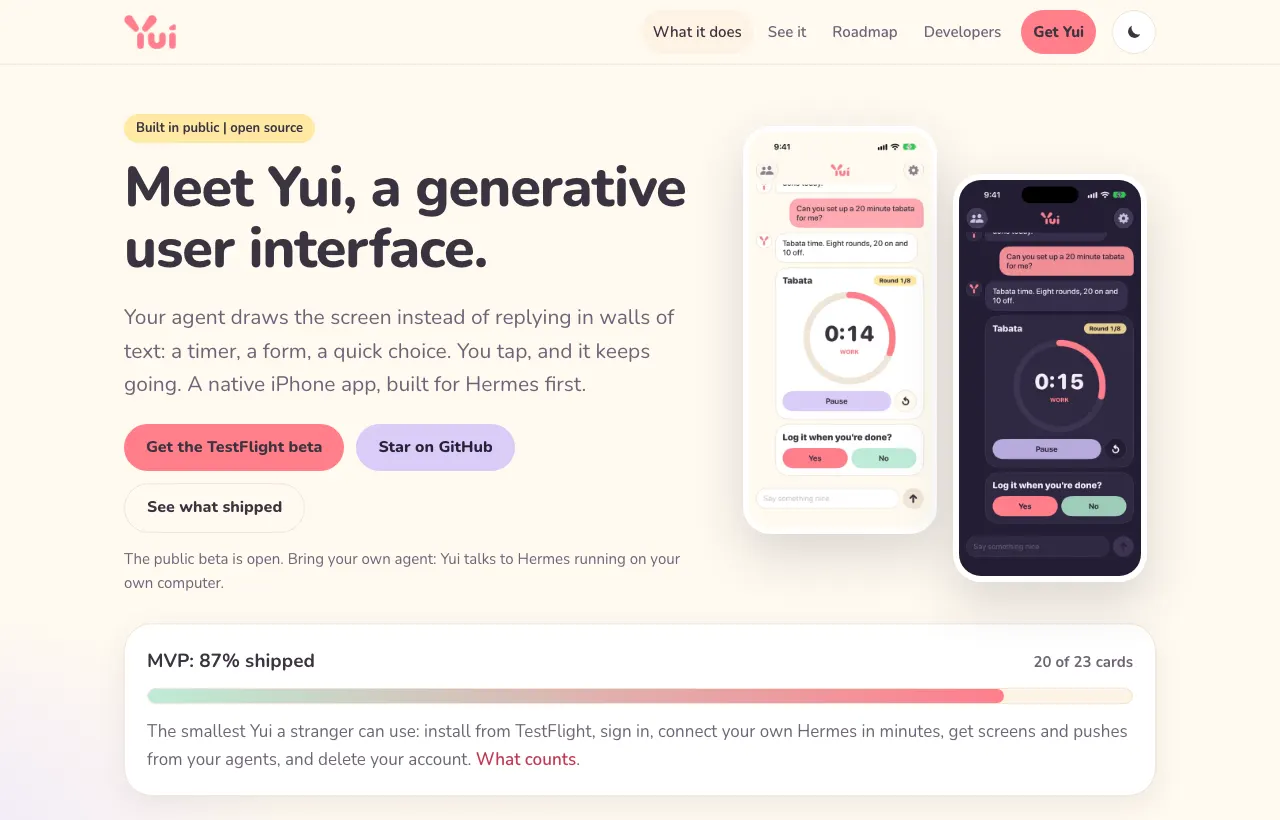 The Yui home page on a laptop, with the hero, the beta status line and two phone screenshots