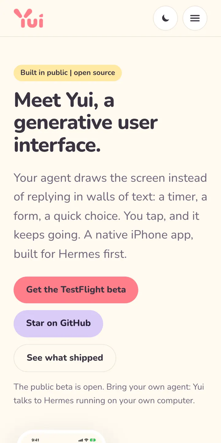 The Yui home page on a phone: the headline, the TestFlight and GitHub buttons, and a line saying the public beta is open and needs your own Hermes