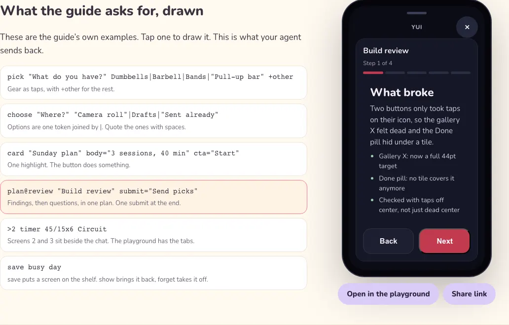 The channel guide page: six example lines on the left, and a phone on the right drawing the plan example, a Build review with Back and Next, plus Open in the playground and Share link buttons