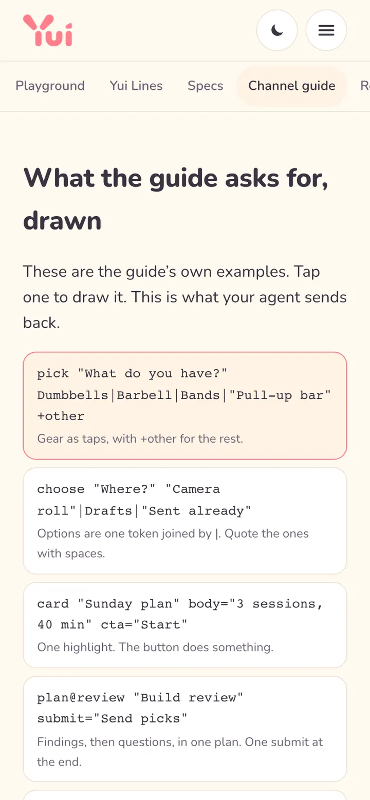 The channel guide page on a phone: the heading What the guide asks for, drawn, and the example lines as tappable cards