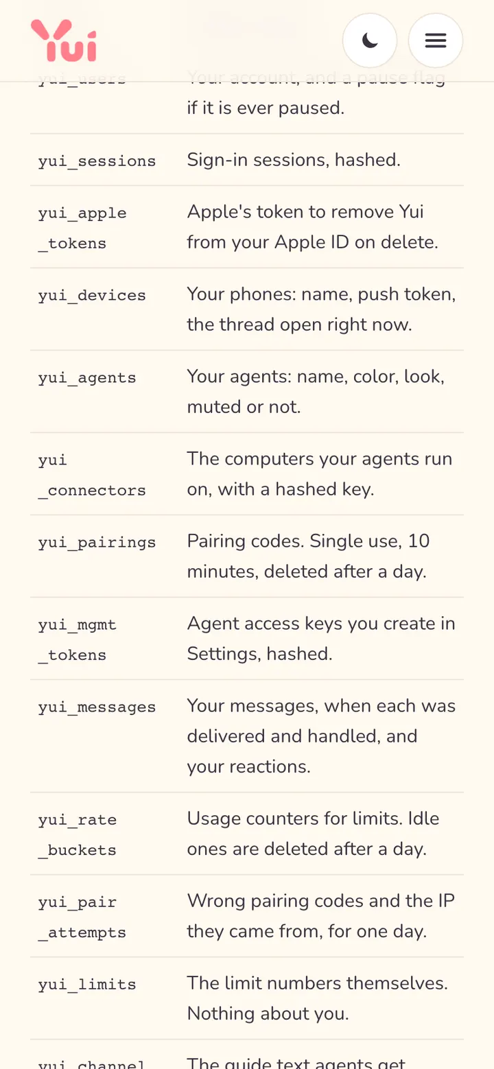 The Privacy page on a phone: a two-column table of every Yui table name and what it holds