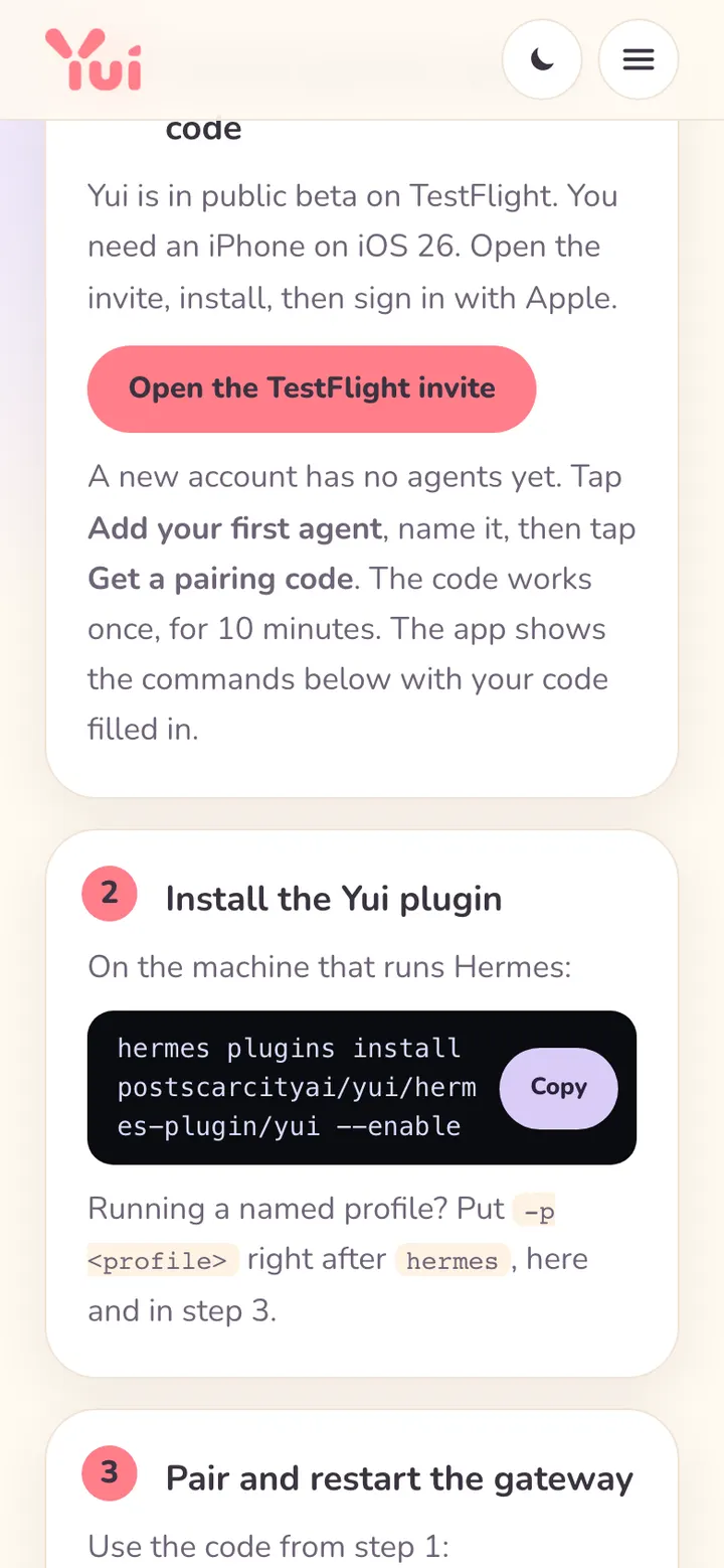 Get started on a phone: step 1 with a line about the public beta and iOS 26, a big Open the TestFlight invite button, then step 2 with the install command and a Copy button