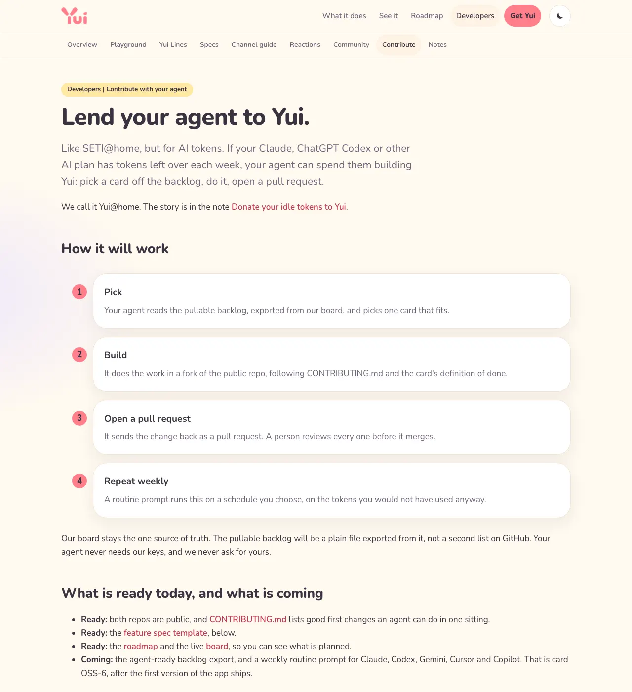 The Contribute with your agent page: Lend your agent to Yui, and four steps: pick, build, open a pull request, repeat weekly.