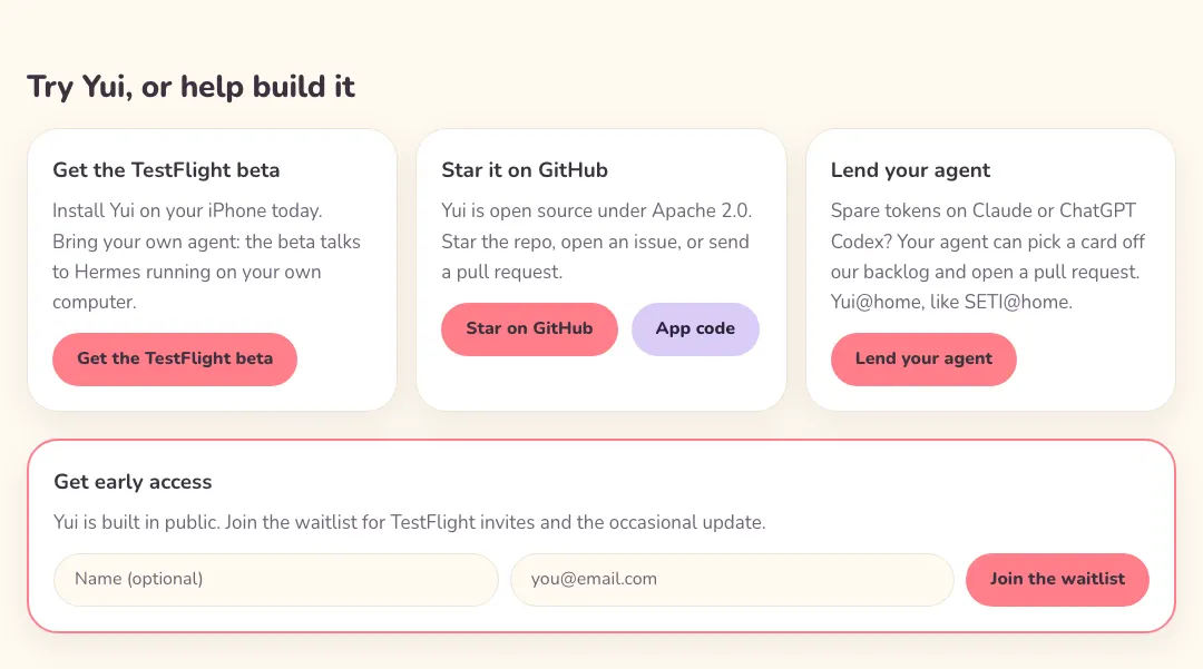 The bottom of every page now has three cards: Get the TestFlight beta, Star it on GitHub, and Lend your agent.