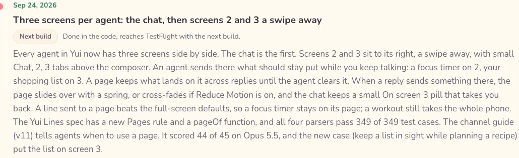 A Shipped log entry for three screens per agent with a Next build pill and the line: Done in the code, reaches TestFlight with the next build