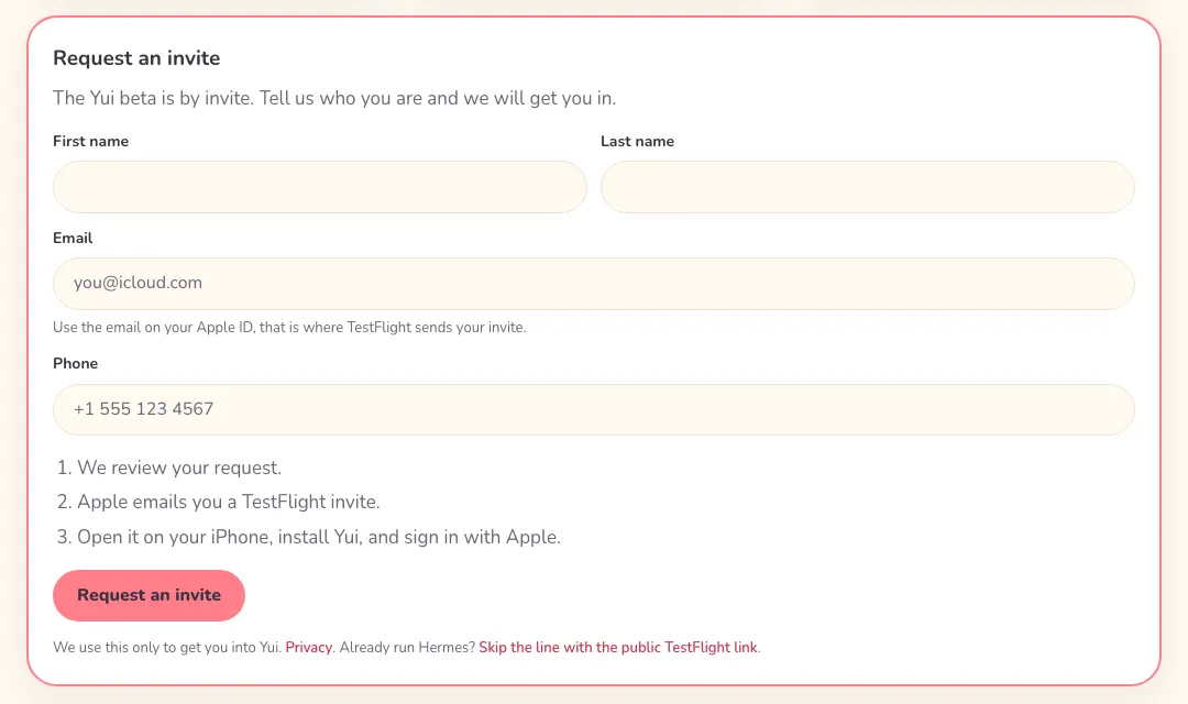 The Request an invite form on a desktop page, below the TestFlight, GitHub and Lend your agent cards