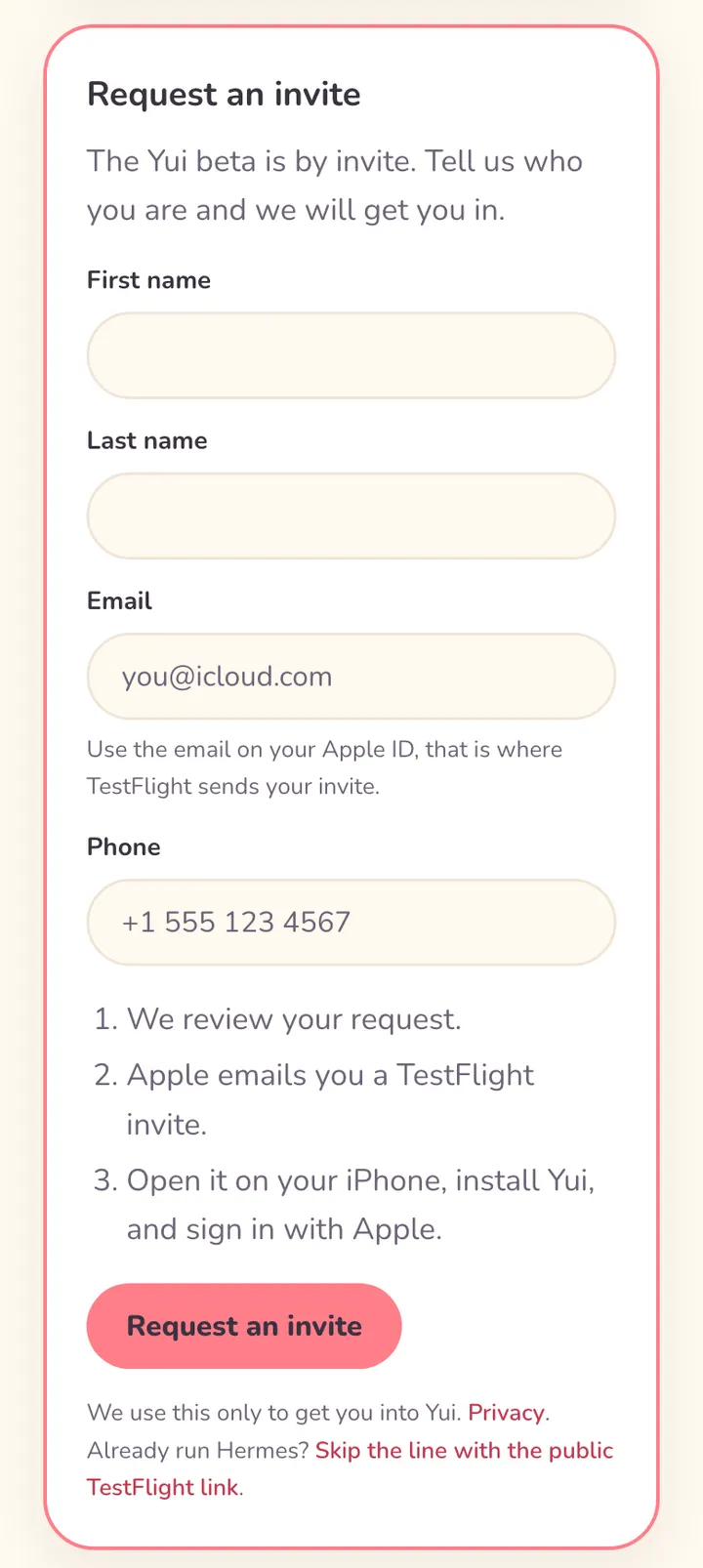 The Request an invite form on a phone: first name, last name, email with the hint to use the email on your Apple ID, phone, three next steps and a Request an invite button