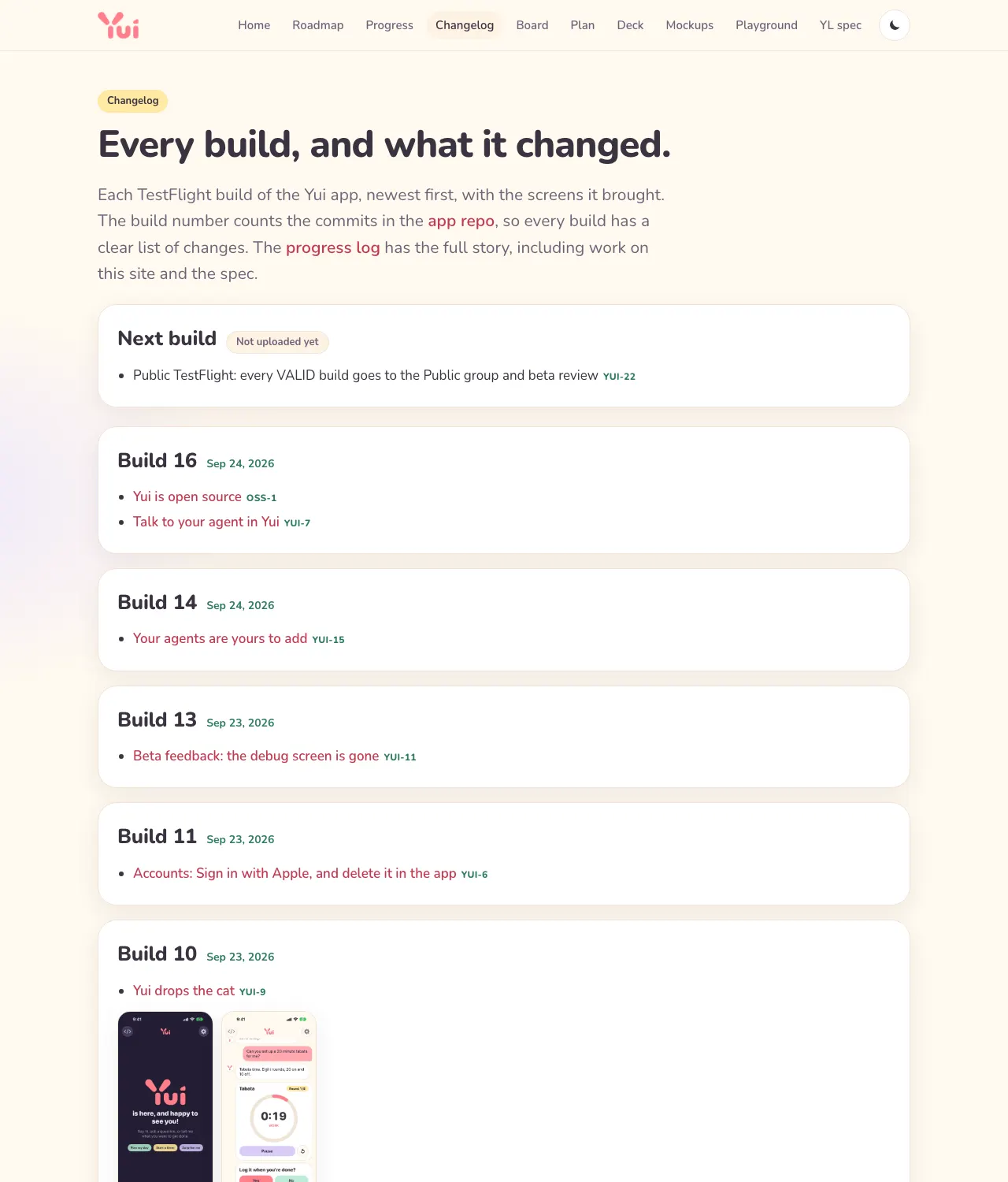 The changelog page: each TestFlight build with its date, what changed and its screenshots
