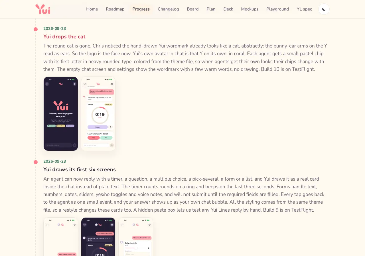 The progress log with a row of app screenshots under an entry