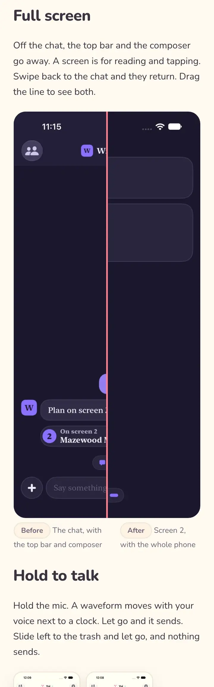 Inside the build 64 post: a drag-to-compare of the chat and screen 2, with Before and After labels