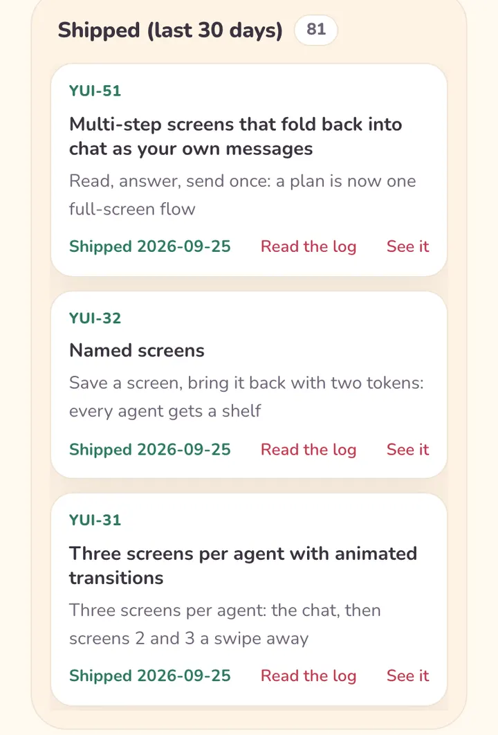 The board on a phone: the Shipped column now shows YUI-51, YUI-32 and YUI-31