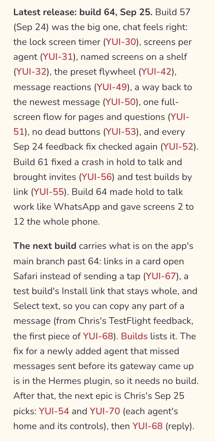 The roadmap on a phone: latest release build 64, and what the next build carries