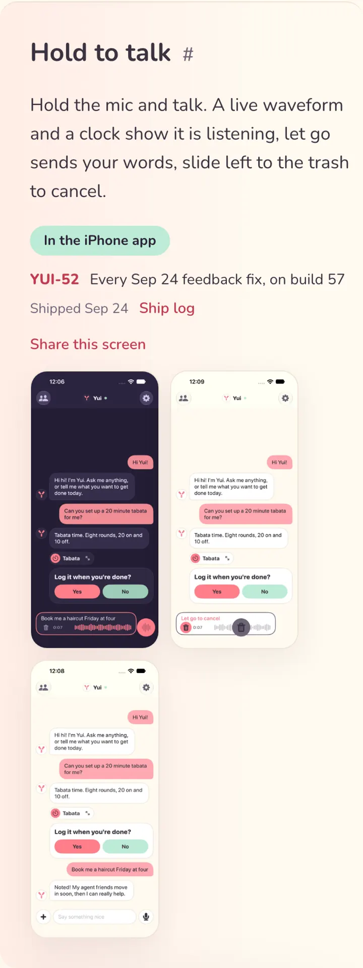 See it on a phone: the new Hold to talk entry with three app screenshots, the waveform, slide to cancel and the sent message