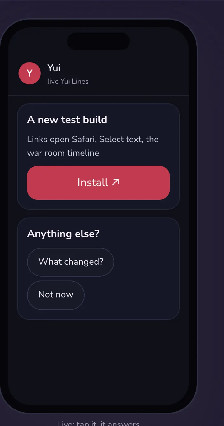 See it in dark mode: a card titled A new test build with an Install button carrying an arrow, and a question below it