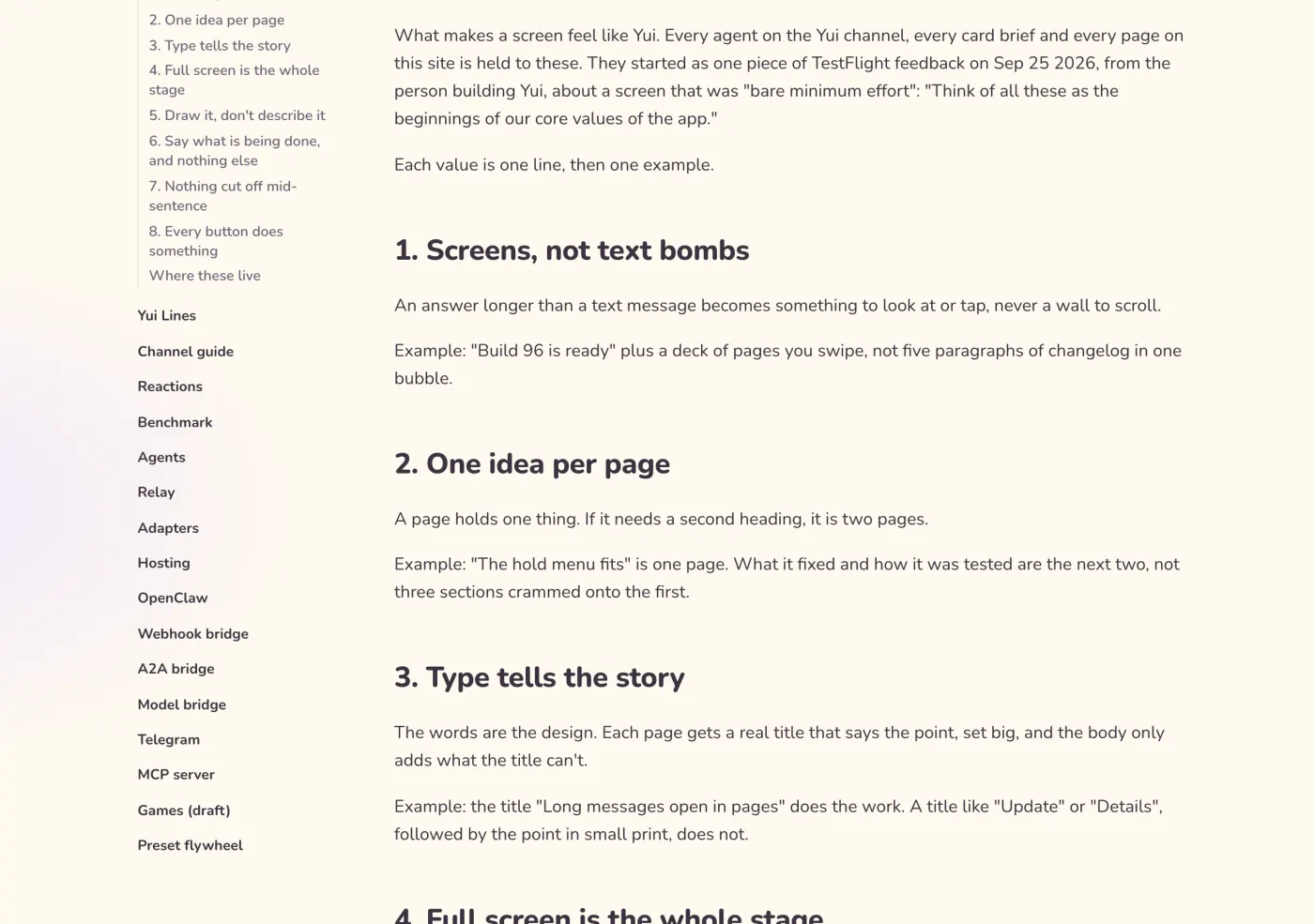 The Yui's values page on yuigui.com, with the eight values listed in the side index and the first four shown
