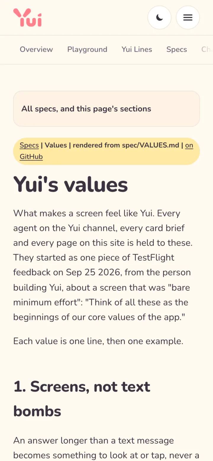 The values page on a phone: the title Yui's values, the intro and the first value, Screens, not text bombs