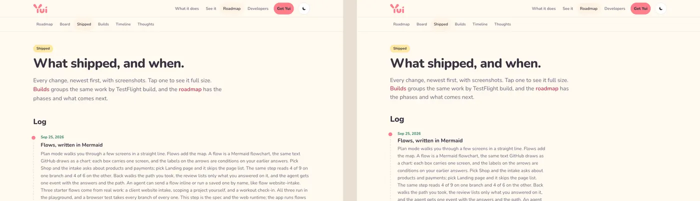 The Shipped page on a wide screen, before and after. After, the headings are on the shared scale and the intro stops at a comfortable line length.