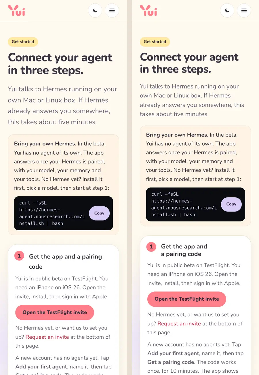 The Get Yui page on a phone, before on the left and after on the right. After, the step title wraps as two even lines and the headings sit closer to their text.