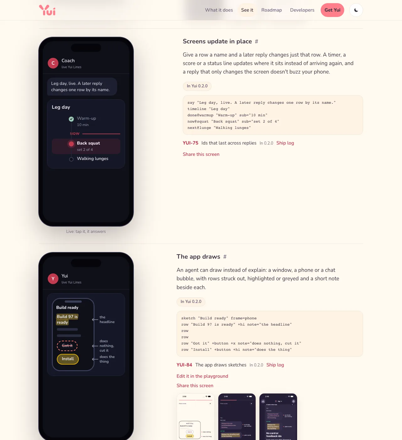 Light mode: Screens update in place with a live leg day timeline, and The app draws with a live sketch of a phone that keeps Install and strikes out Got it.