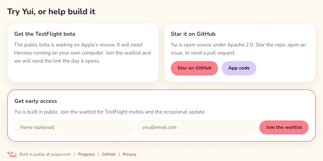The bottom of a yuigui.com page: a card for the TestFlight beta, a card with Star on GitHub and App code buttons, and the waitlist form