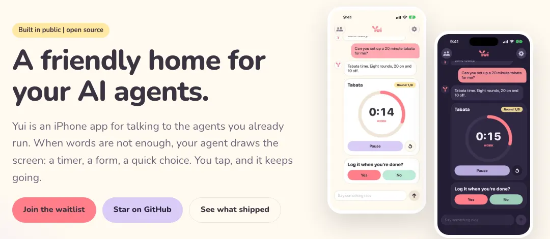 The home page hero with three buttons: Join the waitlist, Star on GitHub, See what shipped