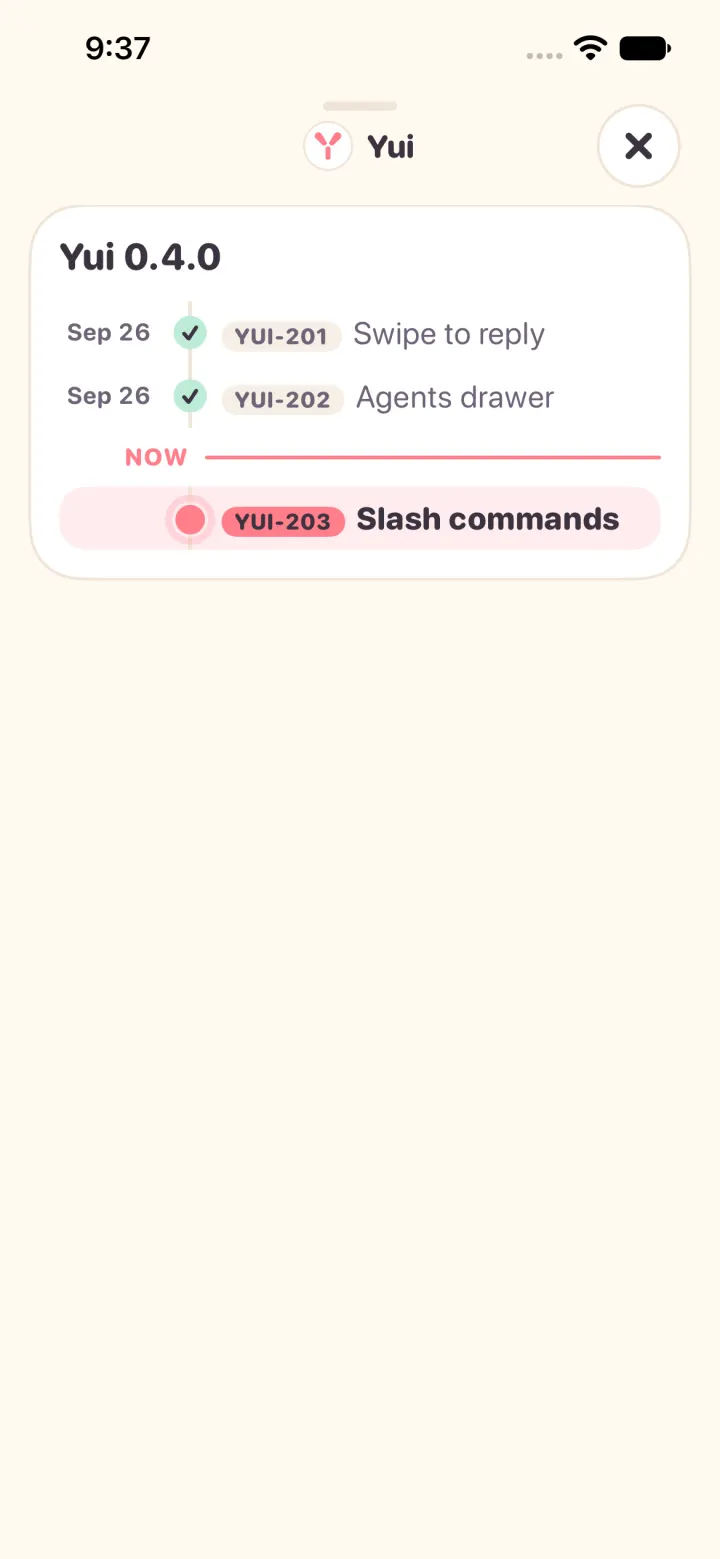 The same timeline after one patch line: Agents drawer done on Sep 26, the Now line moved below it, Slash commands running