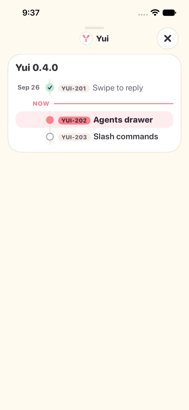 A saved release timeline open full screen in light mode: Swipe to reply done, the Now line, Agents drawer running, Slash commands queued