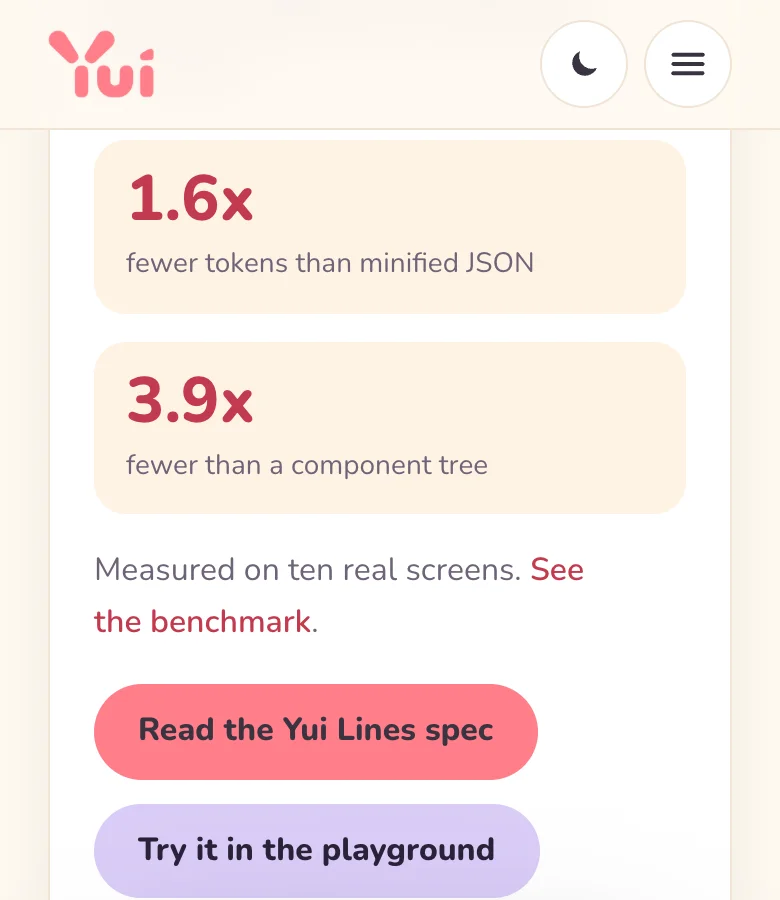 The home page's 1.6x and 3.9x token numbers in the darker coral, readable on the cream tiles